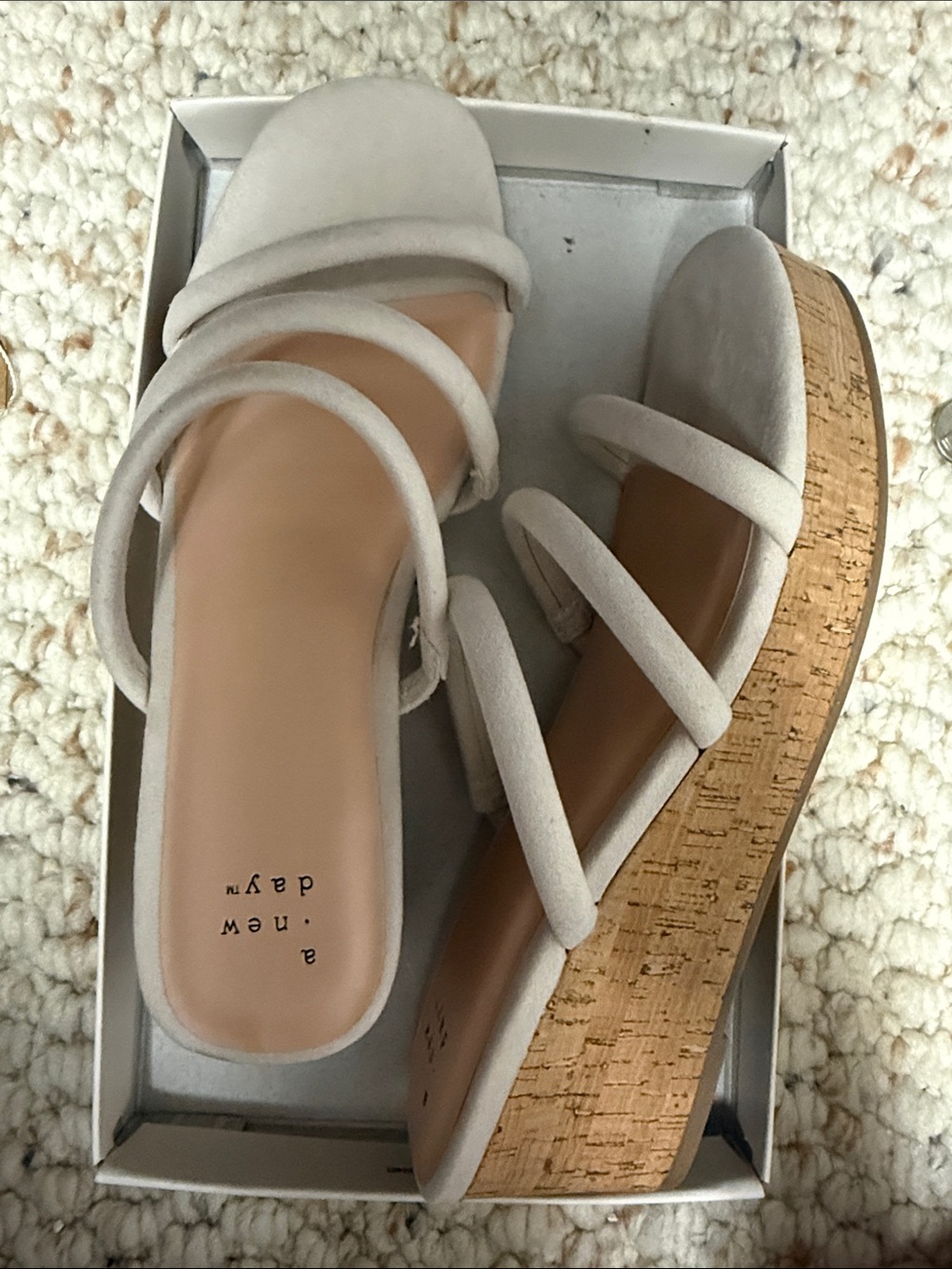 a new day Suede-Strap Cork Wedge Slides in Light Taupe